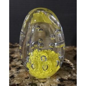 Art Glass Yellow Egg Shape Controlled Bubbles Paperweight Heavy Decor